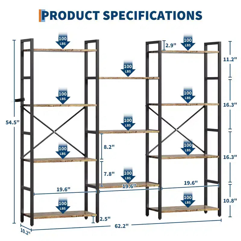 GustoWave Scaffali a 4 livelli, Libreria industriale tripla larga, Libreria in acciaio 157 x 137 x 25 cm, Scaffali per esposizione e archiviazione
