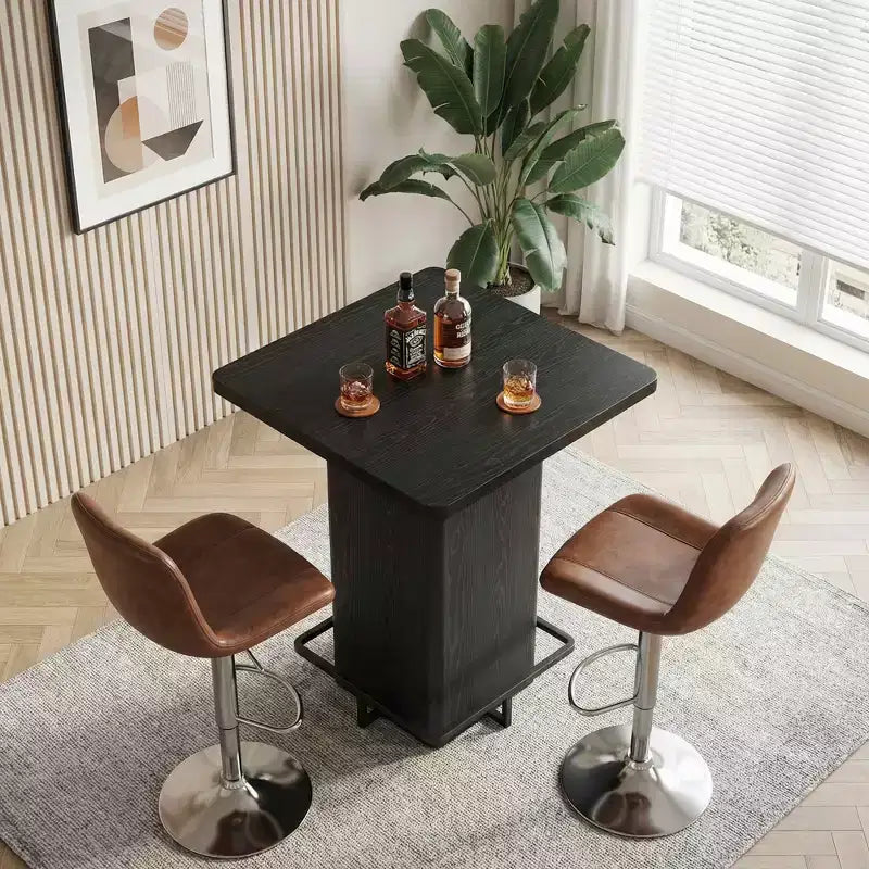 Tavolo da Bar Quadrato Minimalista 31,5'', Piano in MDF effetto Legno Scuro con Robusto Piedistallo e Poggiapiedi in Metallo, Tavolino da Pub Compatto per 2-4 Persone