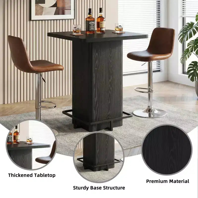 Tavolo da Bar Quadrato Minimalista 31,5'', Piano in MDF effetto Legno Scuro con Robusto Piedistallo e Poggiapiedi in Metallo, Tavolino da Pub Compatto per 2-4 Persone