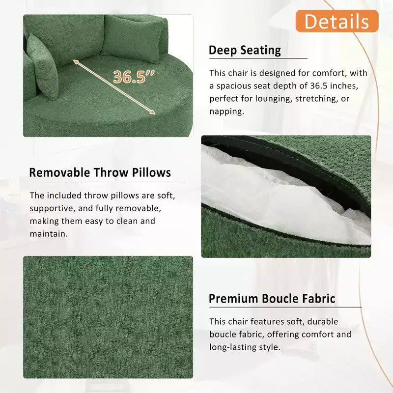 Sedia Girevole a 360° Poltrona Girevole a Barile Rotonda con 3 Cuscini Rimovibili per Salotto, Camera da Letto, Ufficio e Hotel, Verde