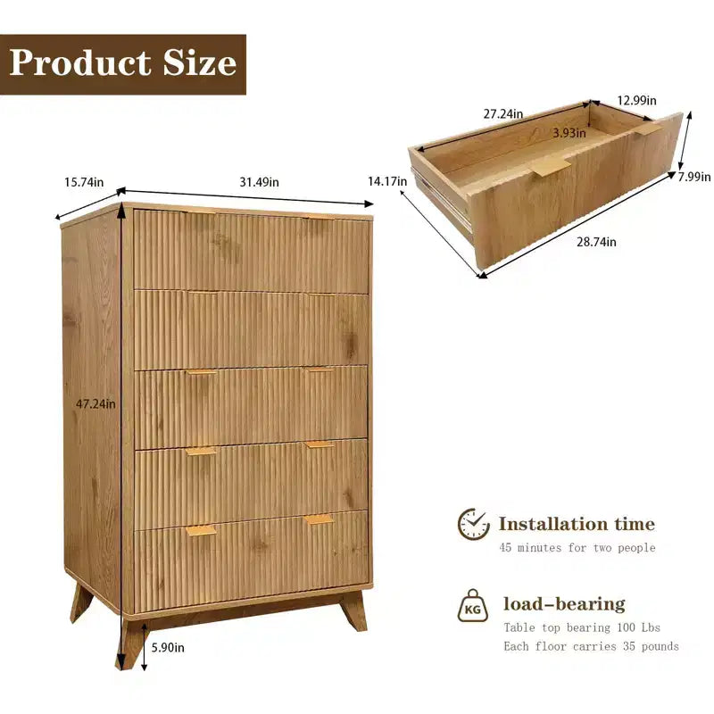 Comò scanalato a 5 cassetti per camera da letto, cassettiera moderna alta 47" in legno, organizzatore a cassetti per camera da letto, soggiorno, corridoio, ingresso