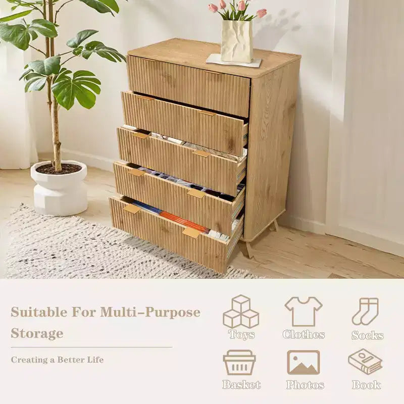 Comò scanalato a 5 cassetti per camera da letto, cassettiera moderna alta 47" in legno, organizzatore a cassetti per camera da letto, soggiorno, corridoio, ingresso