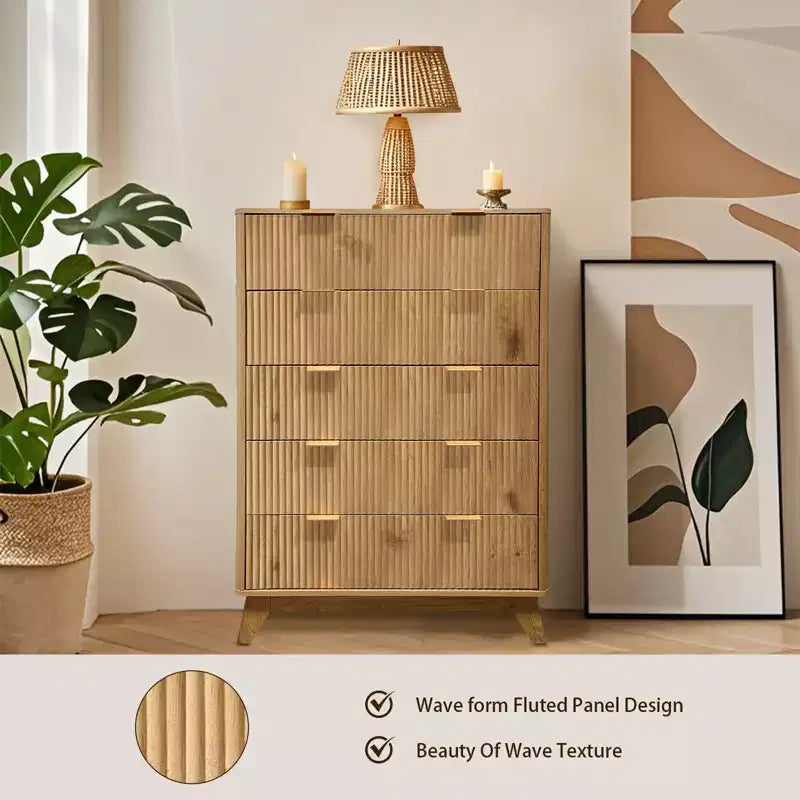 Comò scanalato a 5 cassetti per camera da letto, cassettiera moderna alta 47" in legno, organizzatore a cassetti per camera da letto, soggiorno, corridoio, ingresso