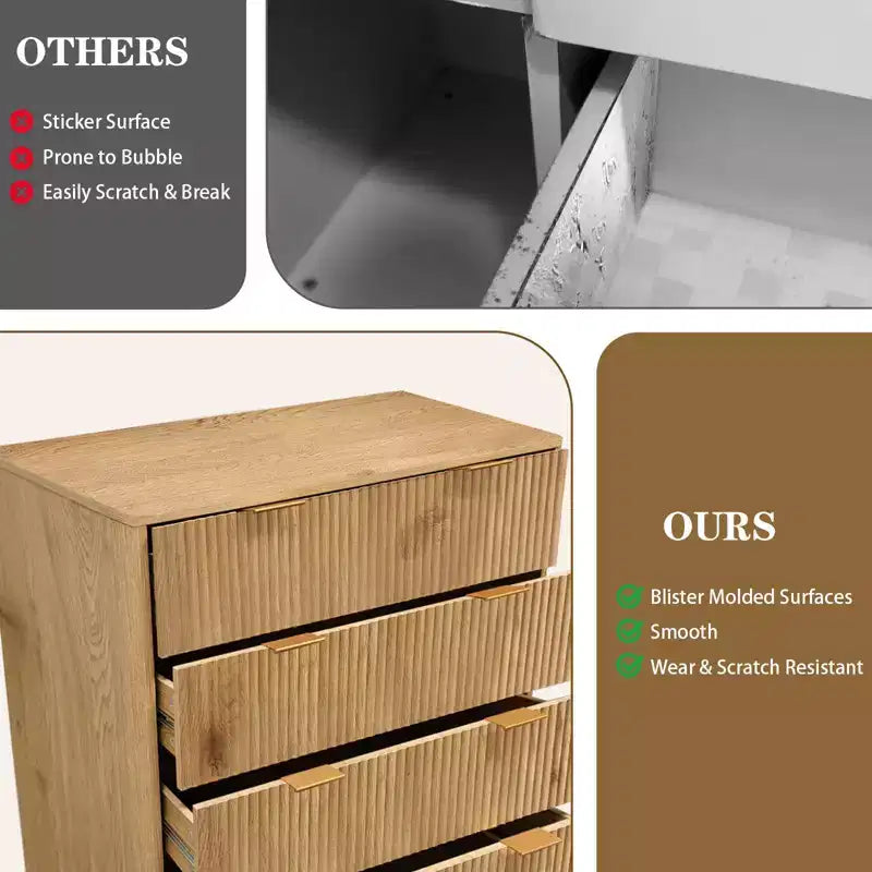 Comò scanalato a 5 cassetti per camera da letto, cassettiera moderna alta 47" in legno, organizzatore a cassetti per camera da letto, soggiorno, corridoio, ingresso