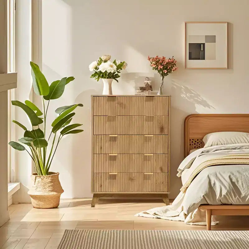 Comò scanalato a 5 cassetti per camera da letto, cassettiera moderna alta 47" in legno, organizzatore a cassetti per camera da letto, soggiorno, corridoio, ingresso