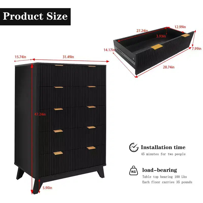 Comò scanalato a 5 cassetti per camera da letto, cassettiera moderna alta 47" in legno, organizzatore a cassetti per camera da letto, soggiorno, corridoio, ingresso