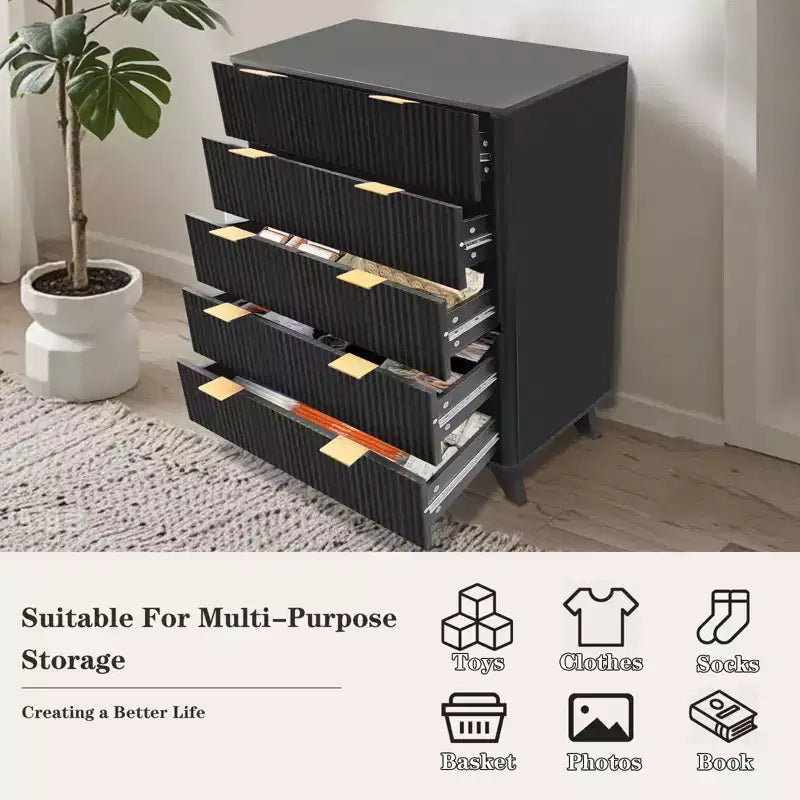 Comò scanalato a 5 cassetti per camera da letto, cassettiera moderna alta 47" in legno, organizzatore a cassetti per camera da letto, soggiorno, corridoio, ingresso