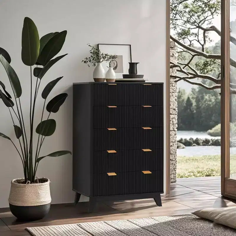 Comò scanalato a 5 cassetti per camera da letto, cassettiera moderna alta 47" in legno, organizzatore a cassetti per camera da letto, soggiorno, corridoio, ingresso