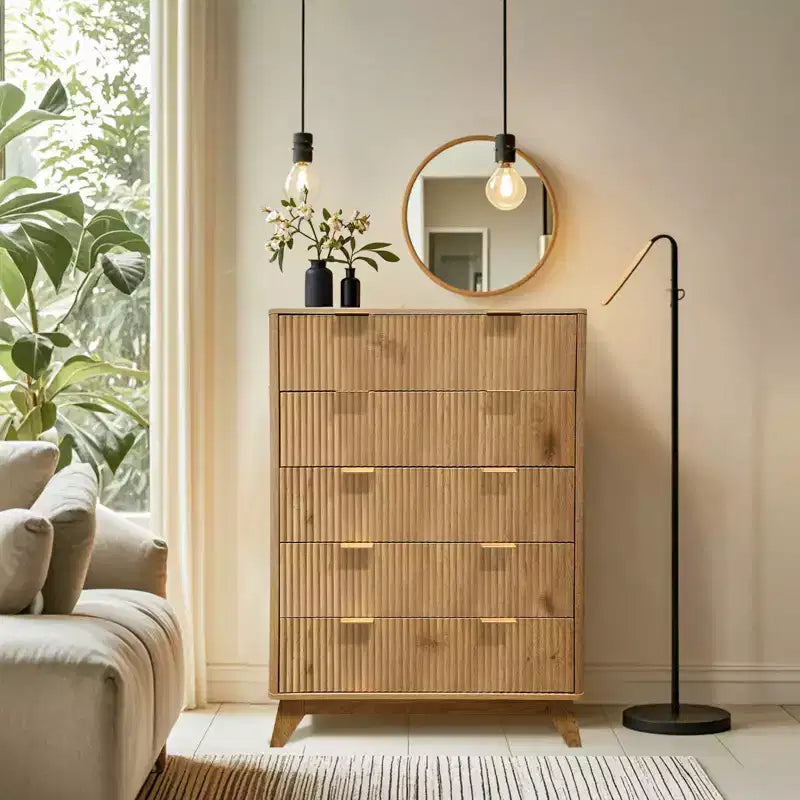 Comò scanalato a 5 cassetti per camera da letto, cassettiera moderna alta 47" in legno, organizzatore a cassetti per camera da letto, soggiorno, corridoio, ingresso