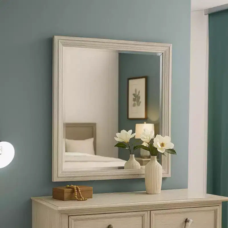 Royal Hampton Dresser Mirror, Beveled Glass, 38x44 Rustic White Solid Wood Frame