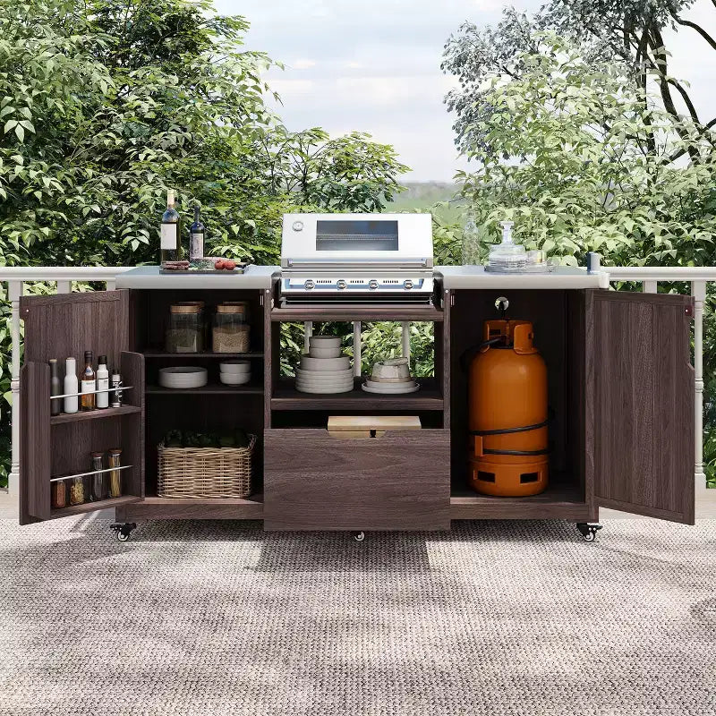 Isola da cucina per esterni nera da 66,5 pollici per griglie Big Green Egg, carrello per griglie da esterno in legno massello per griglie da tavolo con piano in acciaio inossidabile