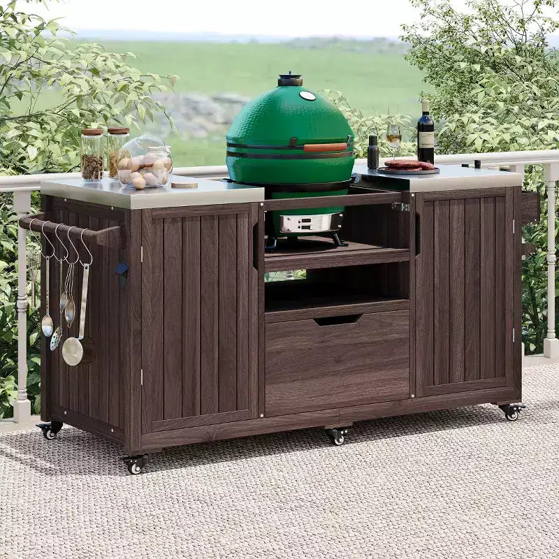 Isola da cucina per esterni nera da 66,5 pollici per griglie Big Green Egg, carrello per griglie da esterno in legno massello per griglie da tavolo con piano in acciaio inossidabile