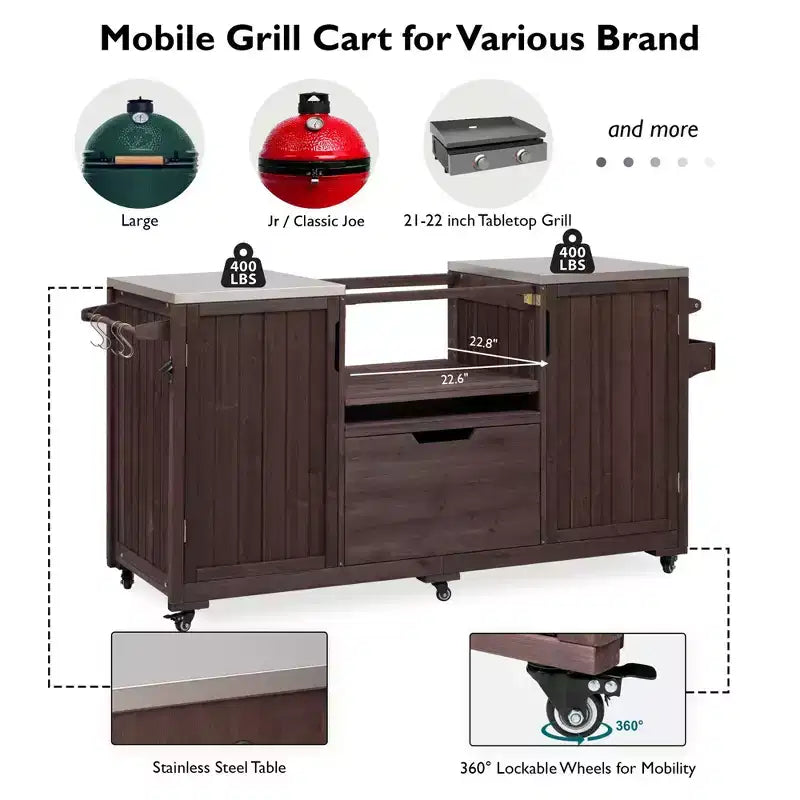 Isola da cucina per esterni nera da 66,5 pollici per griglie Big Green Egg, carrello per griglie da esterno in legno massello per griglie da tavolo con piano in acciaio inossidabile