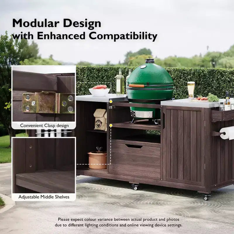 Isola da cucina per esterni nera da 66,5 pollici per griglie Big Green Egg, carrello per griglie da esterno in legno massello per griglie da tavolo con piano in acciaio inossidabile