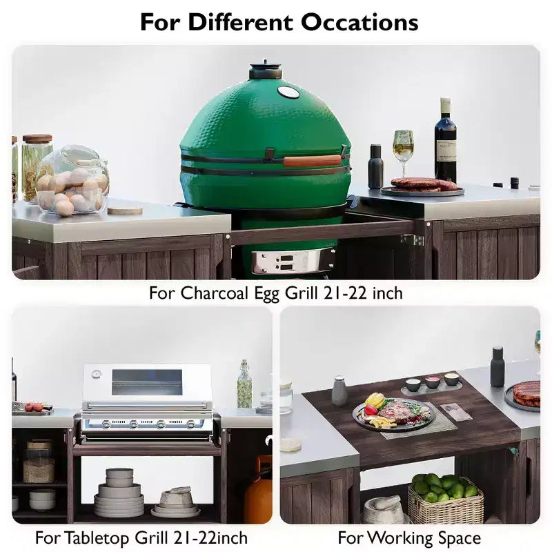 Isola da cucina per esterni nera da 66,5 pollici per griglie Big Green Egg, carrello per griglie da esterno in legno massello per griglie da tavolo con piano in acciaio inossidabile