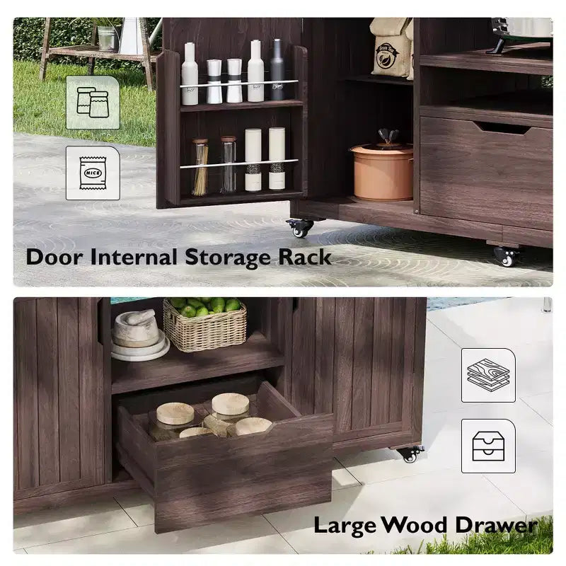 Isola da cucina per esterni nera da 66,5 pollici per griglie Big Green Egg, carrello per griglie da esterno in legno massello per griglie da tavolo con piano in acciaio inossidabile