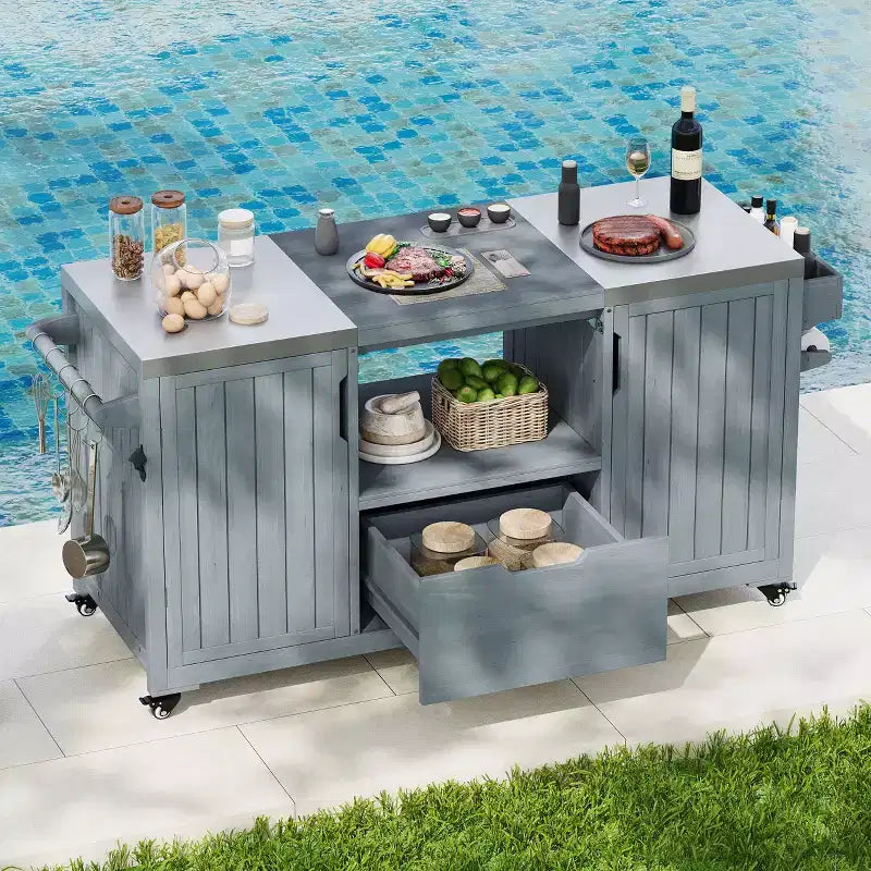 Isola da cucina per esterni nera da 66,5 pollici per griglie Big Green Egg, carrello per griglie da esterno in legno massello per griglie da tavolo con piano in acciaio inossidabile