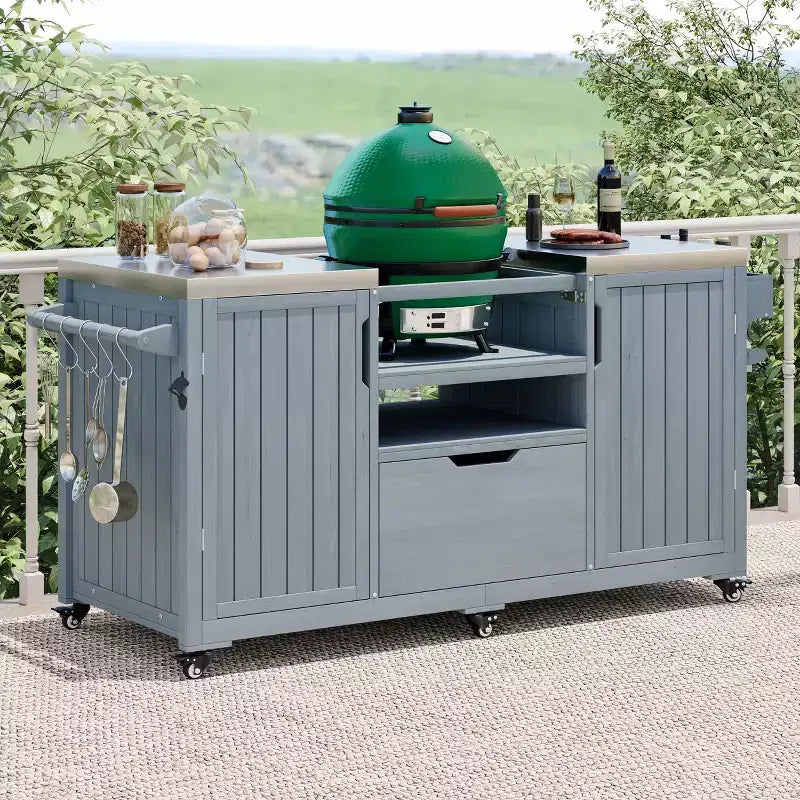 Isola da cucina per esterni nera da 66,5 pollici per griglie Big Green Egg, carrello per griglie da esterno in legno massello per griglie da tavolo con piano in acciaio inossidabile