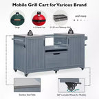 Isola da cucina per esterni nera da 66,5 pollici per griglie Big Green Egg, carrello per griglie da esterno in legno massello per griglie da tavolo con piano in acciaio inossidabile