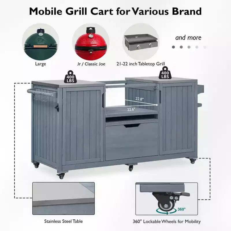 Isola da cucina per esterni nera da 66,5 pollici per griglie Big Green Egg, carrello per griglie da esterno in legno massello per griglie da tavolo con piano in acciaio inossidabile