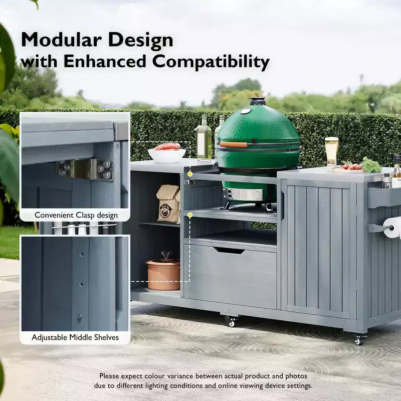 Isola da cucina per esterni nera da 66,5 pollici per griglie Big Green Egg, carrello per griglie da esterno in legno massello per griglie da tavolo con piano in acciaio inossidabile