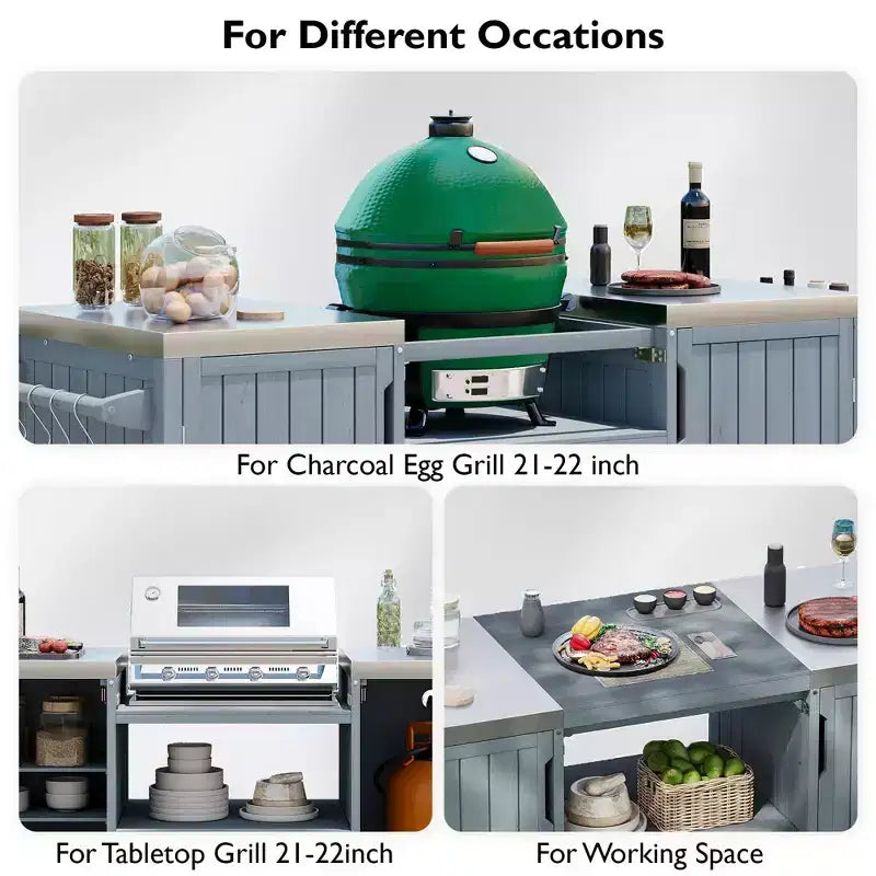 Isola da cucina per esterni nera da 66,5 pollici per griglie Big Green Egg, carrello per griglie da esterno in legno massello per griglie da tavolo con piano in acciaio inossidabile