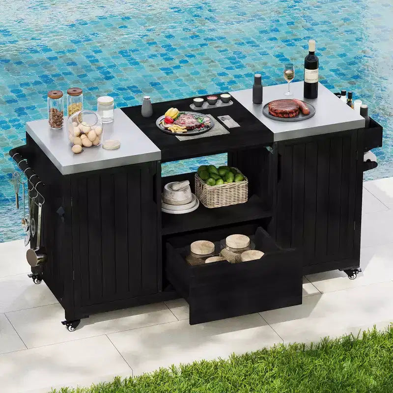 Isola da cucina per esterni nera da 66,5 pollici per griglie Big Green Egg, carrello per griglie da esterno in legno massello per griglie da tavolo con piano in acciaio inossidabile