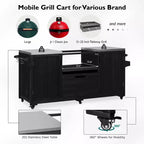 Isola da cucina per esterni nera da 66,5 pollici per griglie Big Green Egg, carrello per griglie da esterno in legno massello per griglie da tavolo con piano in acciaio inossidabile