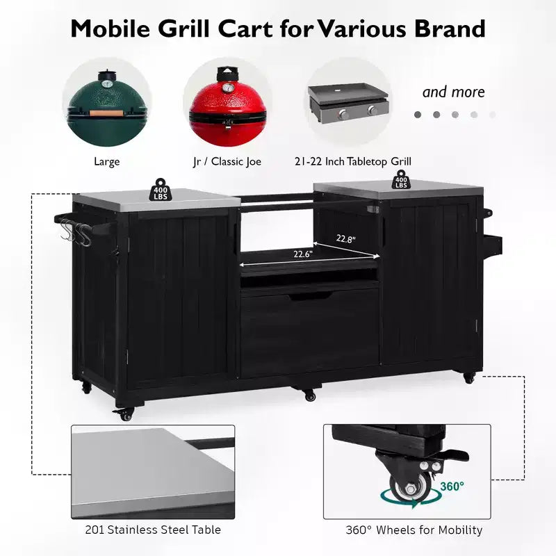 Isola da cucina per esterni nera da 66,5 pollici per griglie Big Green Egg, carrello per griglie da esterno in legno massello per griglie da tavolo con piano in acciaio inossidabile