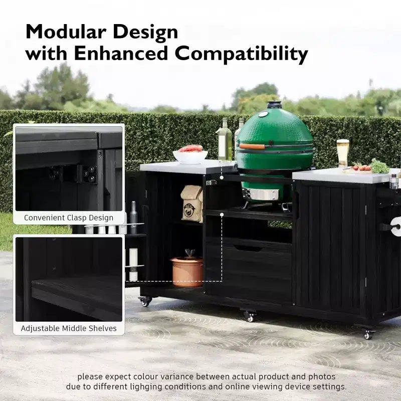 Isola da cucina per esterni nera da 66,5 pollici per griglie Big Green Egg, carrello per griglie da esterno in legno massello per griglie da tavolo con piano in acciaio inossidabile