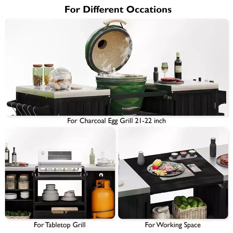 Isola da cucina per esterni nera da 66,5 pollici per griglie Big Green Egg, carrello per griglie da esterno in legno massello per griglie da tavolo con piano in acciaio inossidabile