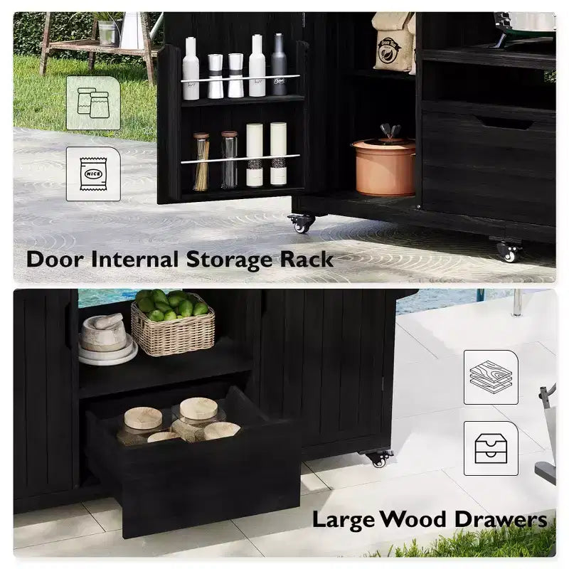 Isola da cucina per esterni nera da 66,5 pollici per griglie Big Green Egg, carrello per griglie da esterno in legno massello per griglie da tavolo con piano in acciaio inossidabile