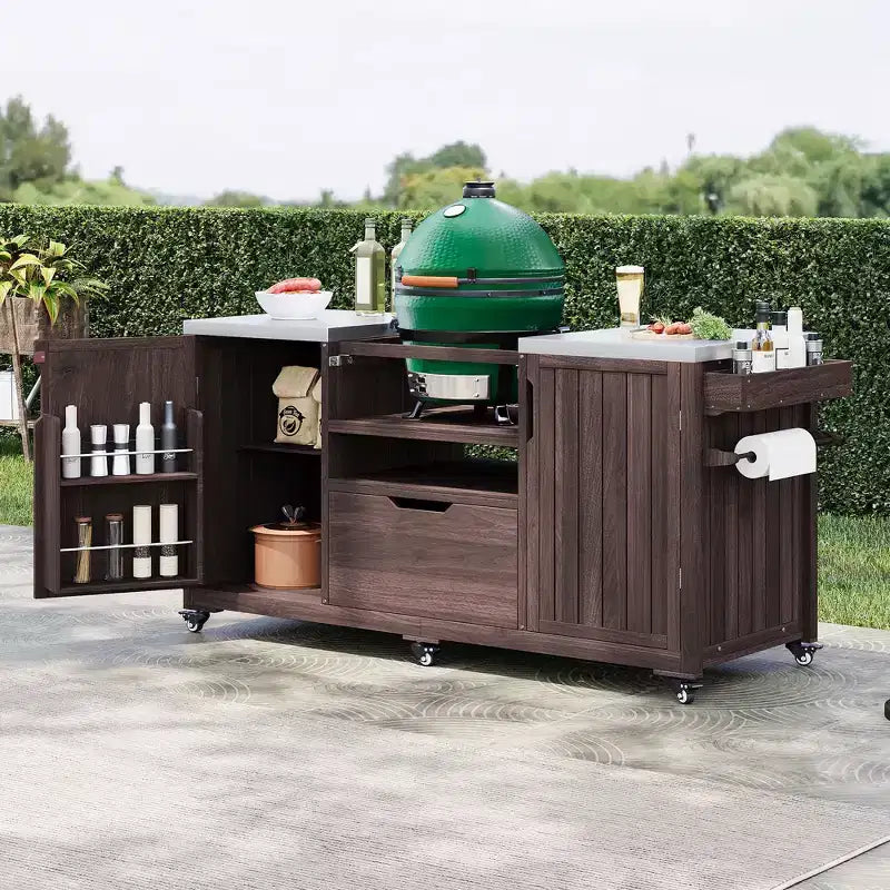 Isola da cucina per esterni nera da 66,5 pollici per griglie Big Green Egg, carrello per griglie da esterno in legno massello per griglie da tavolo con piano in acciaio inossidabile