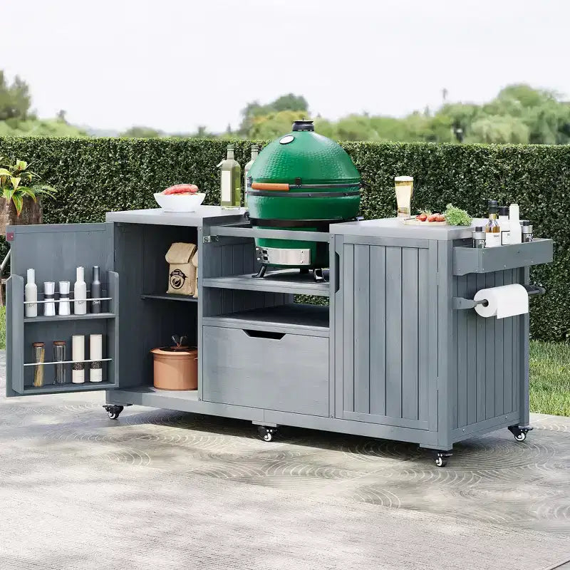 Isola da cucina per esterni nera da 66,5 pollici per griglie Big Green Egg, carrello per griglie da esterno in legno massello per griglie da tavolo con piano in acciaio inossidabile