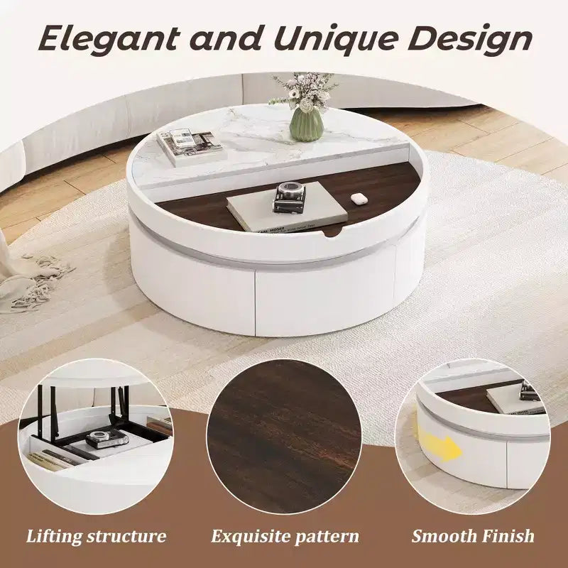 Tavolino da caffè con piano sollevabile e cassetto, Tavolino rotondo con contenitore, Tavolino da caffè regolabile moderno in legno con contenitore per soggiorno, Bianco