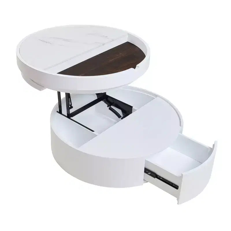 Tavolino da caffè con piano sollevabile e cassetto, Tavolino rotondo con contenitore, Tavolino da caffè regolabile moderno in legno con contenitore per soggiorno, Bianco