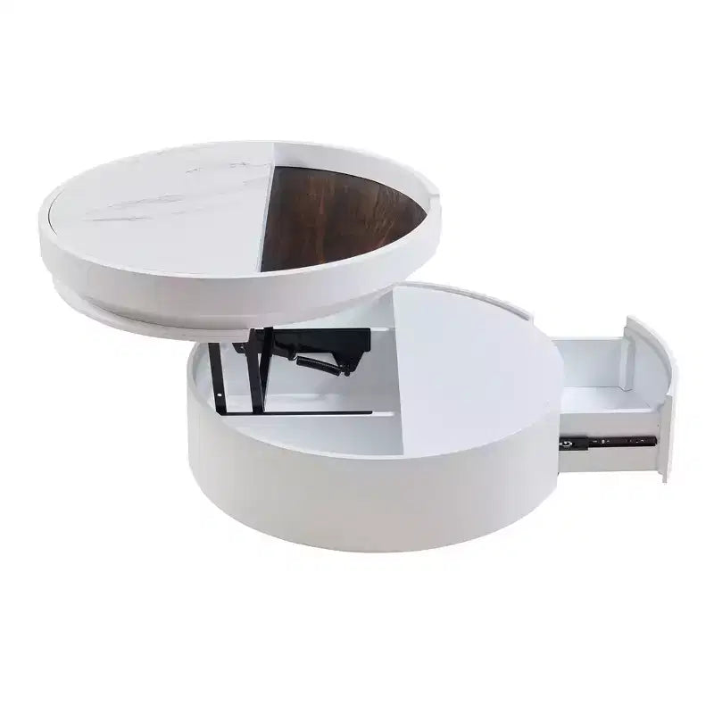 Tavolino da caffè con piano sollevabile e cassetto, Tavolino rotondo con contenitore, Tavolino da caffè regolabile moderno in legno con contenitore per soggiorno, Bianco