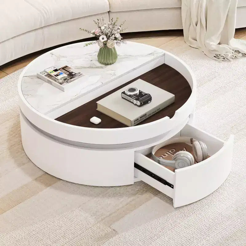 Tavolino da caffè con piano sollevabile e cassetto, Tavolino rotondo con contenitore, Tavolino da caffè regolabile moderno in legno con contenitore per soggiorno, Bianco