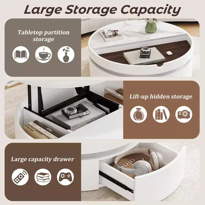 Tavolino da caffè con piano sollevabile e cassetto, Tavolino rotondo con contenitore, Tavolino da caffè regolabile moderno in legno con contenitore per soggiorno, Bianco