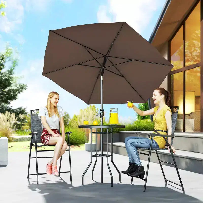 Set da bar da esterno da 4 pezzi con ombrellone, set da pranzo per patio con 2 sedie pieghevoli, tavolo in vetro temperato con texture a onde per cortile, giardino, terrazza, bordo piscina