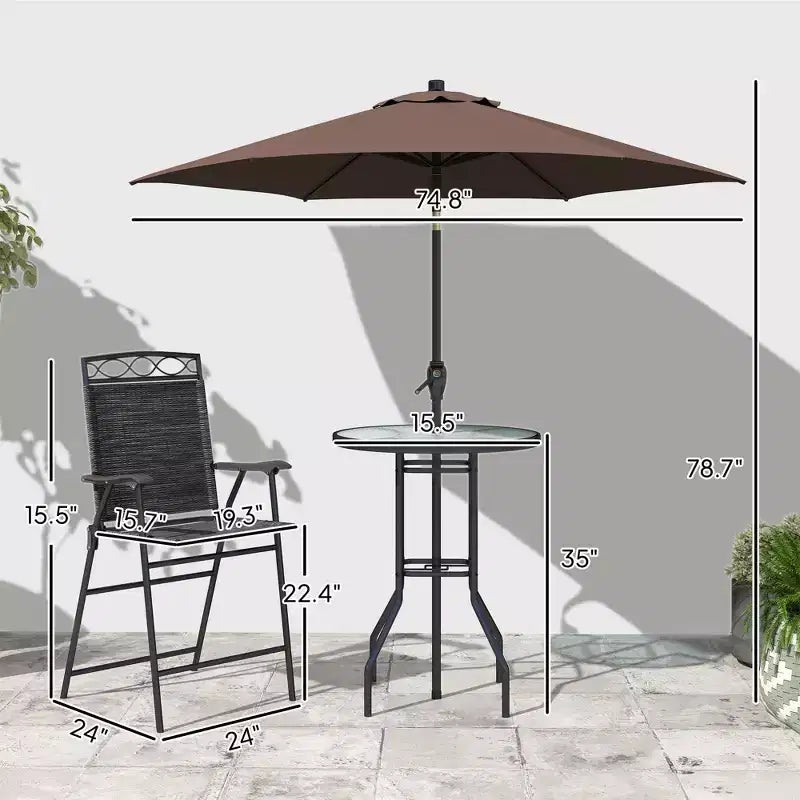 Set da bar da esterno da 4 pezzi con ombrellone, set da pranzo per patio con 2 sedie pieghevoli, tavolo in vetro temperato con texture a onde per cortile, giardino, terrazza, bordo piscina