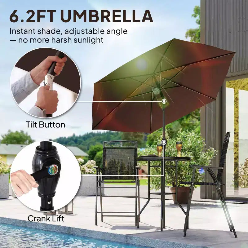 Set da bar da esterno da 4 pezzi con ombrellone, set da pranzo per patio con 2 sedie pieghevoli, tavolo in vetro temperato con texture a onde per cortile, giardino, terrazza, bordo piscina