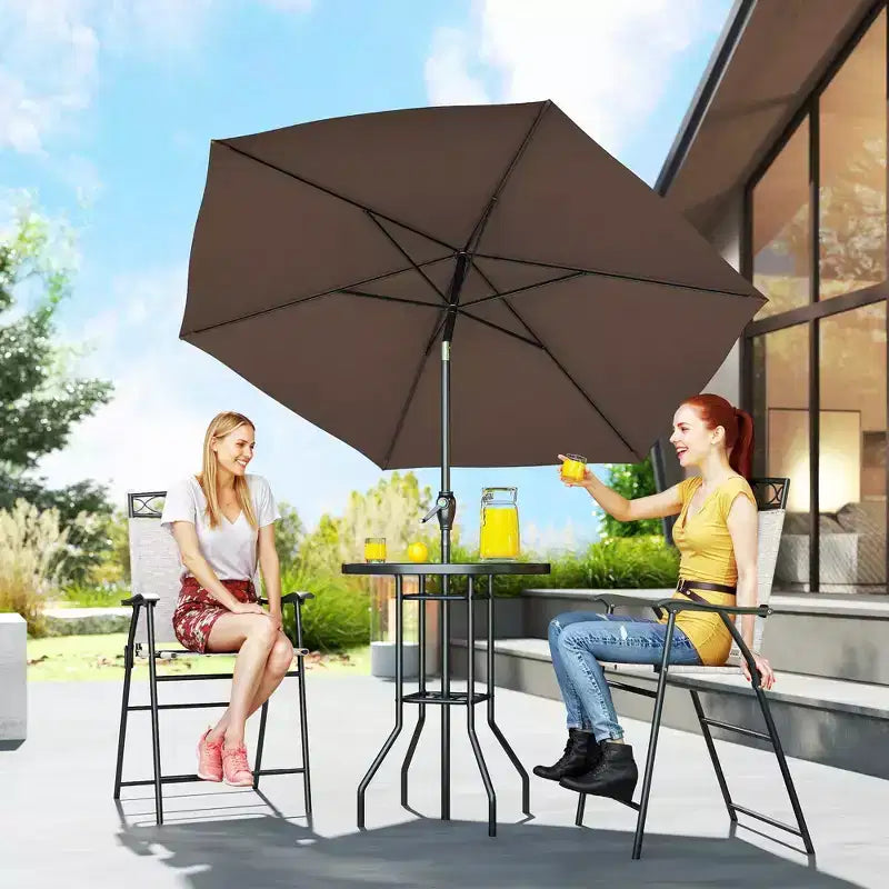 Set da bar da esterno da 4 pezzi con ombrellone, set da pranzo per patio con 2 sedie pieghevoli, tavolo in vetro temperato con texture a onde per cortile, giardino, terrazza, bordo piscina