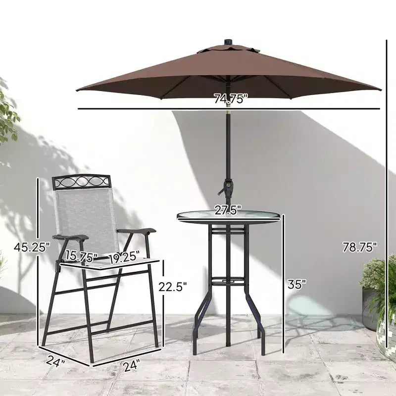 Set da bar da esterno da 4 pezzi con ombrellone, set da pranzo per patio con 2 sedie pieghevoli, tavolo in vetro temperato con texture a onde per cortile, giardino, terrazza, bordo piscina
