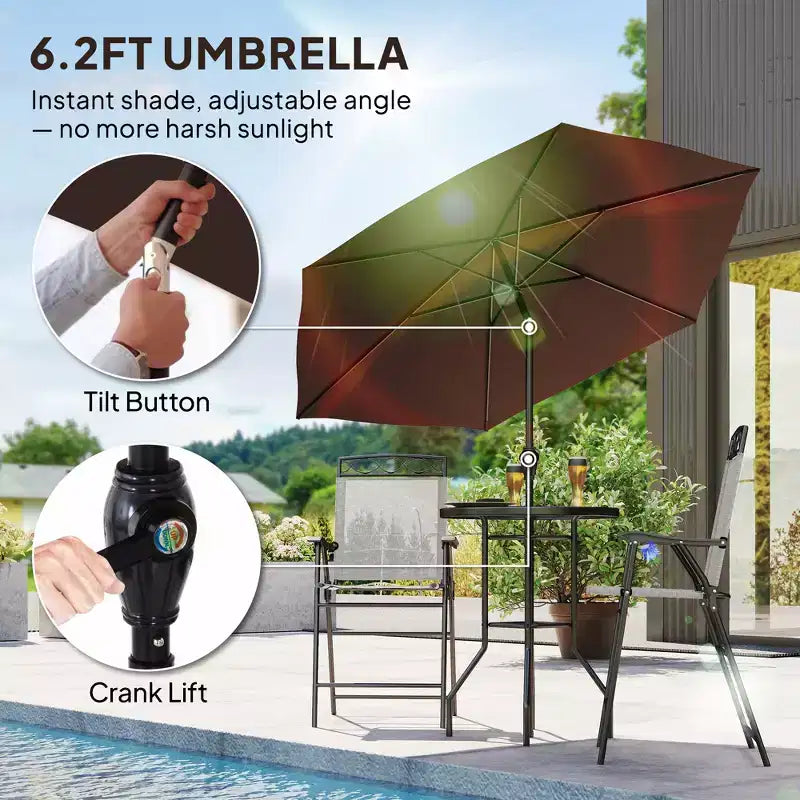 Set da bar da esterno da 4 pezzi con ombrellone, set da pranzo per patio con 2 sedie pieghevoli, tavolo in vetro temperato con texture a onde per cortile, giardino, terrazza, bordo piscina