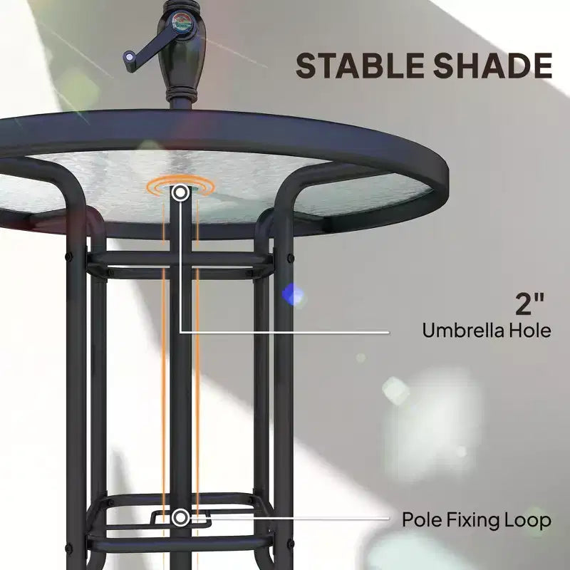 Set da bar da esterno da 4 pezzi con ombrellone, set da pranzo per patio con 2 sedie pieghevoli, tavolo in vetro temperato con texture a onde per cortile, giardino, terrazza, bordo piscina