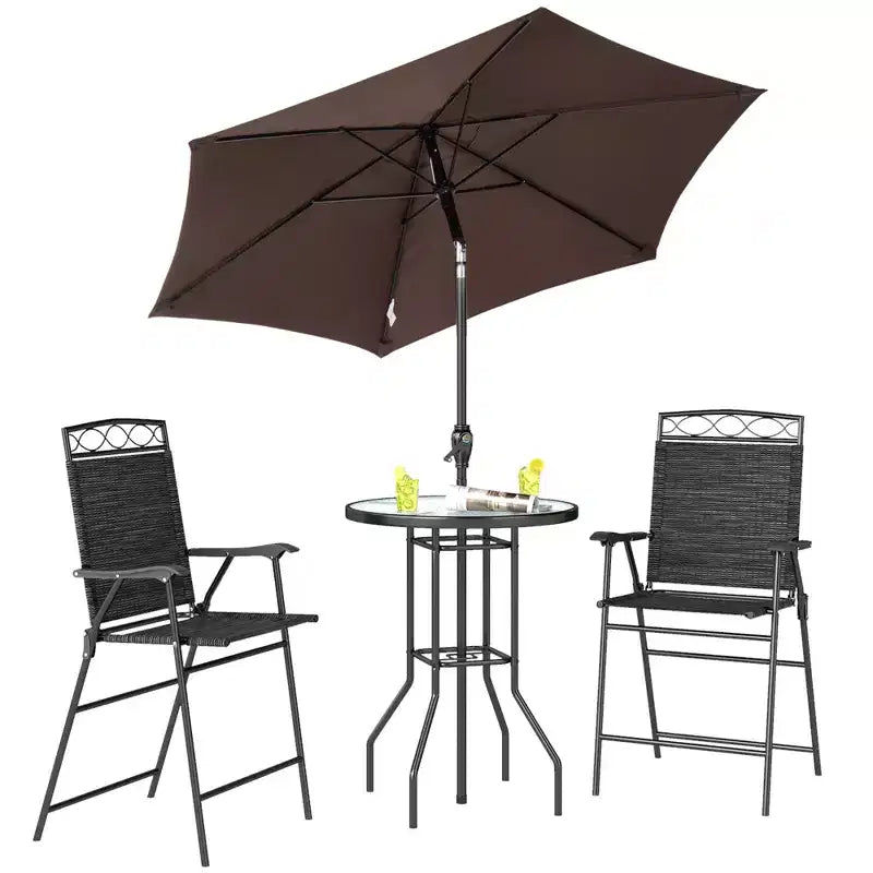 Set da bar da esterno da 4 pezzi con ombrellone, set da pranzo per patio con 2 sedie pieghevoli, tavolo in vetro temperato con texture a onde per cortile, giardino, terrazza, bordo piscina