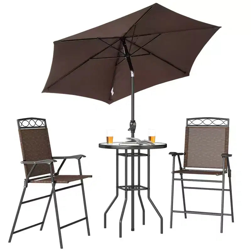 Set da bar da esterno da 4 pezzi con ombrellone, set da pranzo per patio con 2 sedie pieghevoli, tavolo in vetro temperato con texture a onde per cortile, giardino, terrazza, bordo piscina