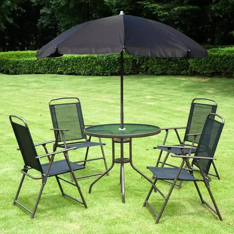 Set da pranzo da patio da 6 pezzi per 4 persone con ombrellone, tavolo e sedie da esterno con 4 sedie da pranzo pieghevoli e tavolo rotondo in vetro