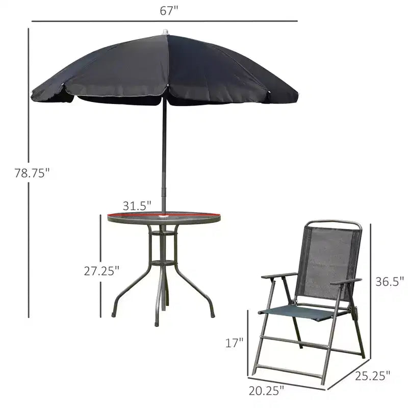 Set da pranzo da patio da 6 pezzi per 4 persone con ombrellone, tavolo e sedie da esterno con 4 sedie da pranzo pieghevoli e tavolo rotondo in vetro